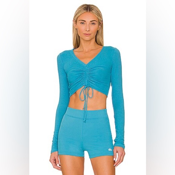 ALO Yoga Tops - Alo Yoga Ribbed Cinch Cropped Long Sleeve Top in Blue Splash - Size S